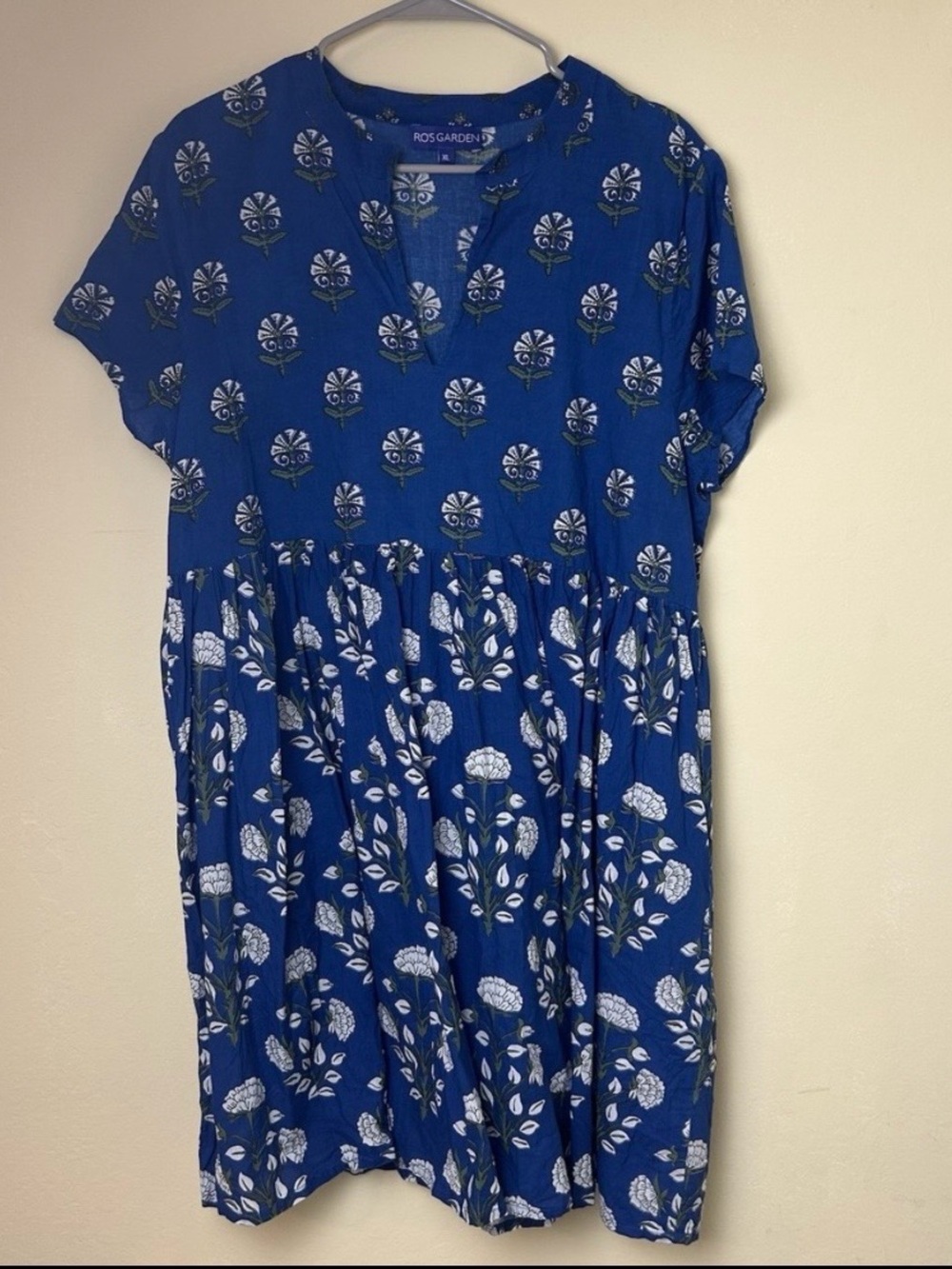 Anthropologie Ro's Garden X-Large Blue Floral Block Print Dress Light Cotton